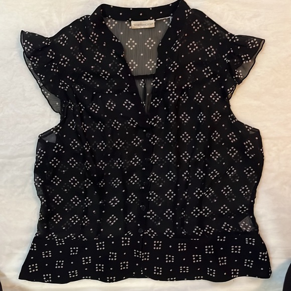WORTHINGTON Sheer Dot Pattern Button Up Flowy Ruffle Shoulder Cap Sleeve Blouse - Picture 3 of 4